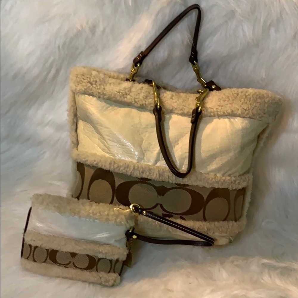 Coach Shearling & Leather Bag w/matching wristlet